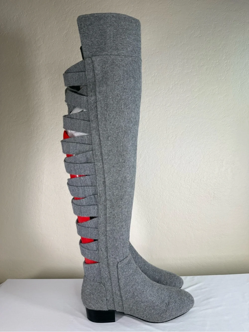 Nine West Ooohaah Gray Wool Over-the-Knee Woven Criss Cross Back Boots EUC SZ 9